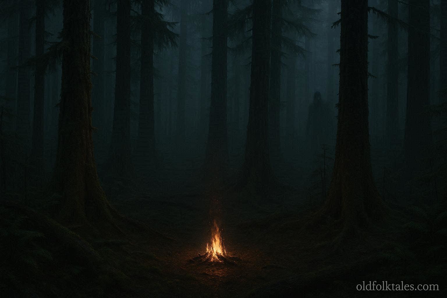 Shadowy figure hidden among dense Washington rainforest trees at night near a campfire