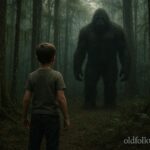 A young boy facing a shadowy hairy figure in a dark forest