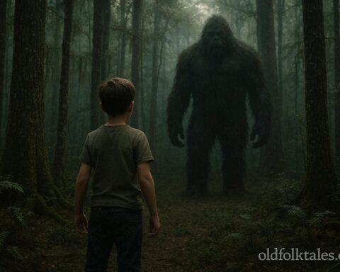 A young boy facing a shadowy hairy figure in a dark forest