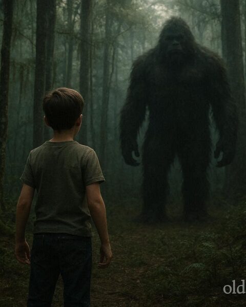 A young boy facing a shadowy hairy figure in a dark forest