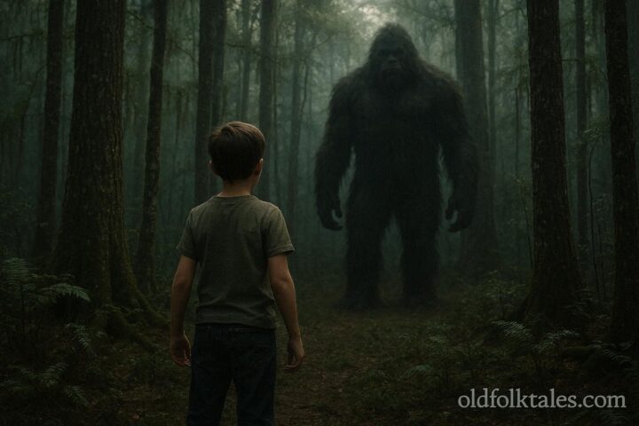 A young boy facing a shadowy hairy figure in a dark forest