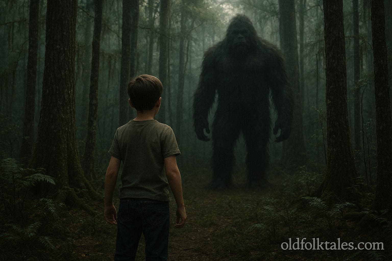 A young boy facing a shadowy hairy figure in a dark forest
