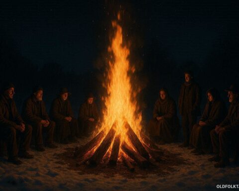 People gathered around a fire on a winter night during the solstice