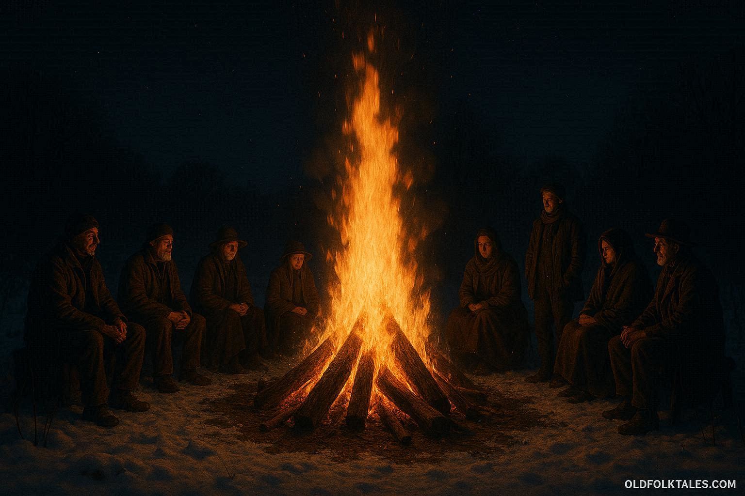 People gathered around a fire on a winter night during the solstice